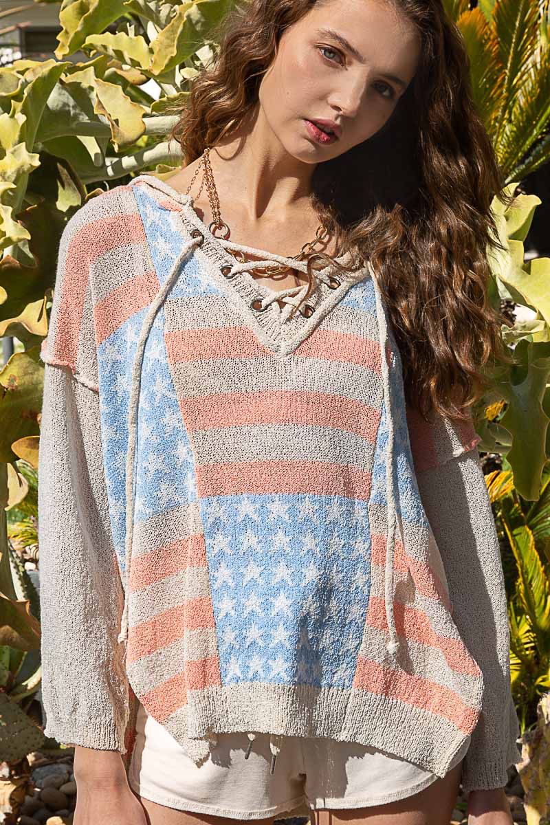 POL Americana Tie Oversize Front Hooded Sweater Top