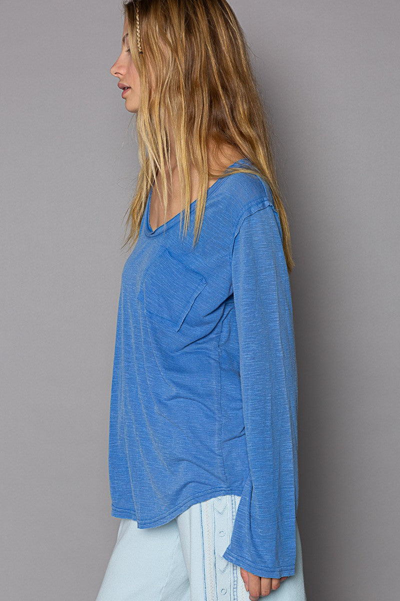 POL Pocket Front Long Sleeve Boat Neck Slub Knit Tee Top