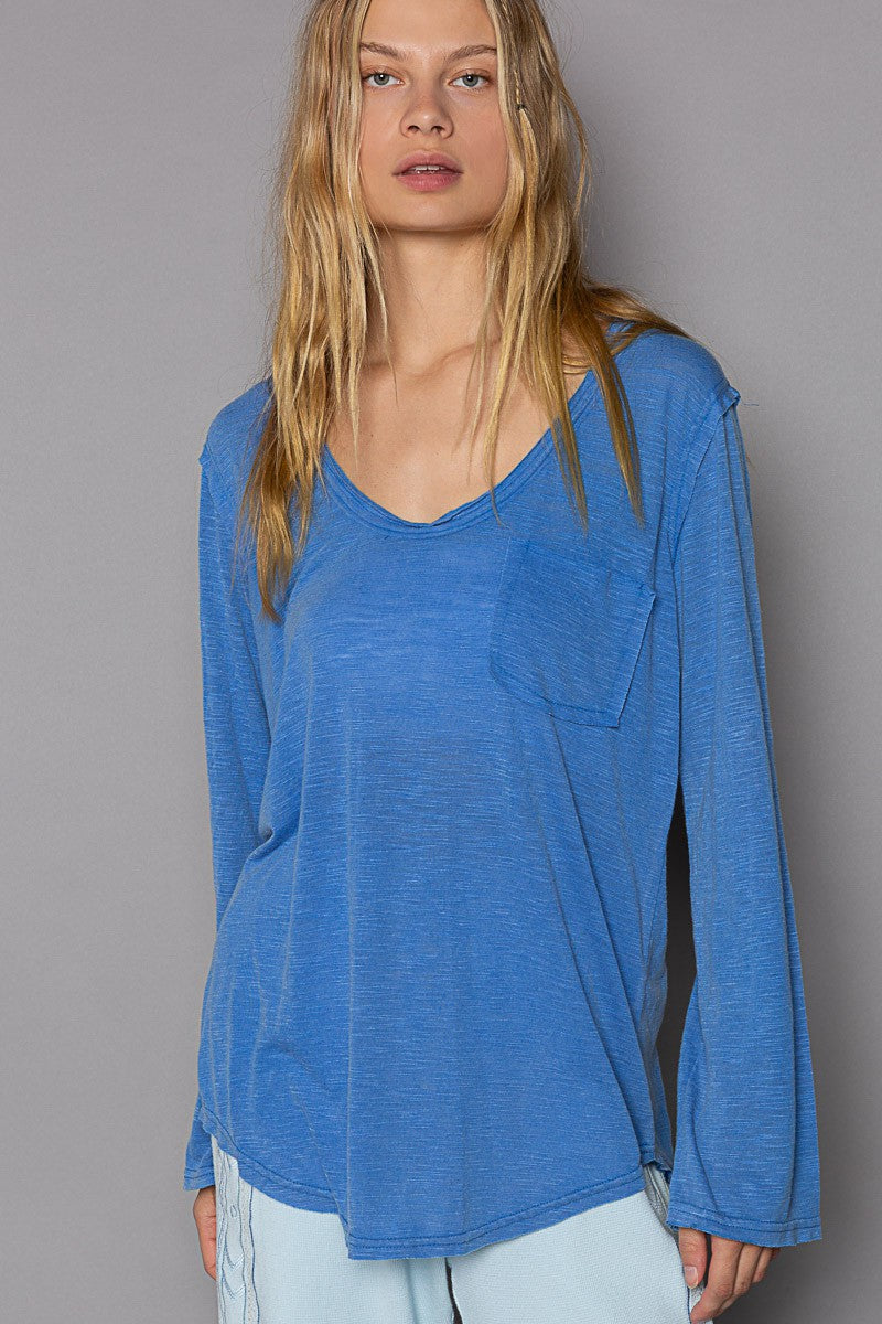POL Pocket Front Long Sleeve Boat Neck Slub Knit Tee Top