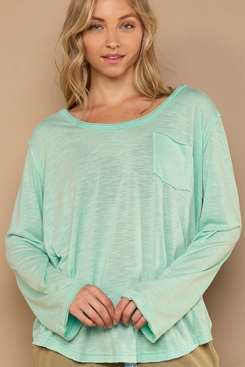 POL Pocket Front Long Sleeve Boat Neck Slub Knit Tee Top