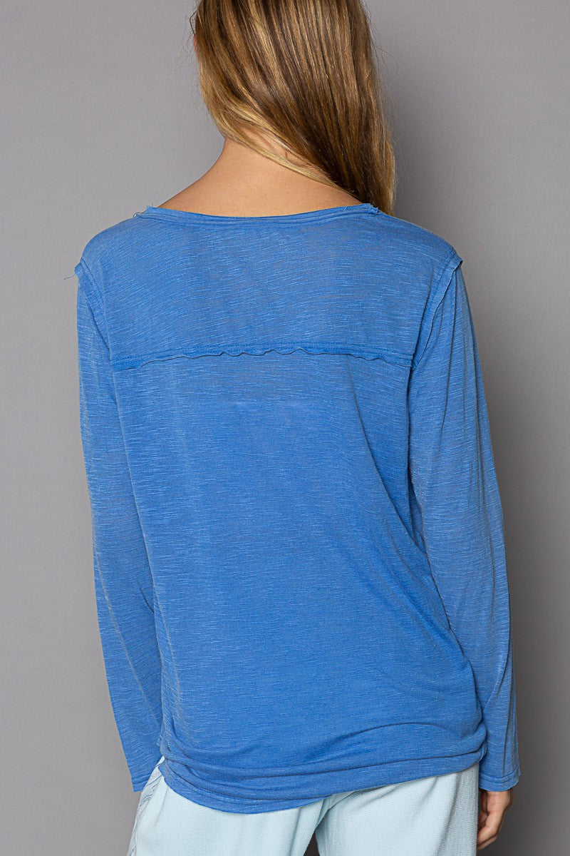 POL Pocket Front Long Sleeve Boat Neck Slub Knit Tee Top