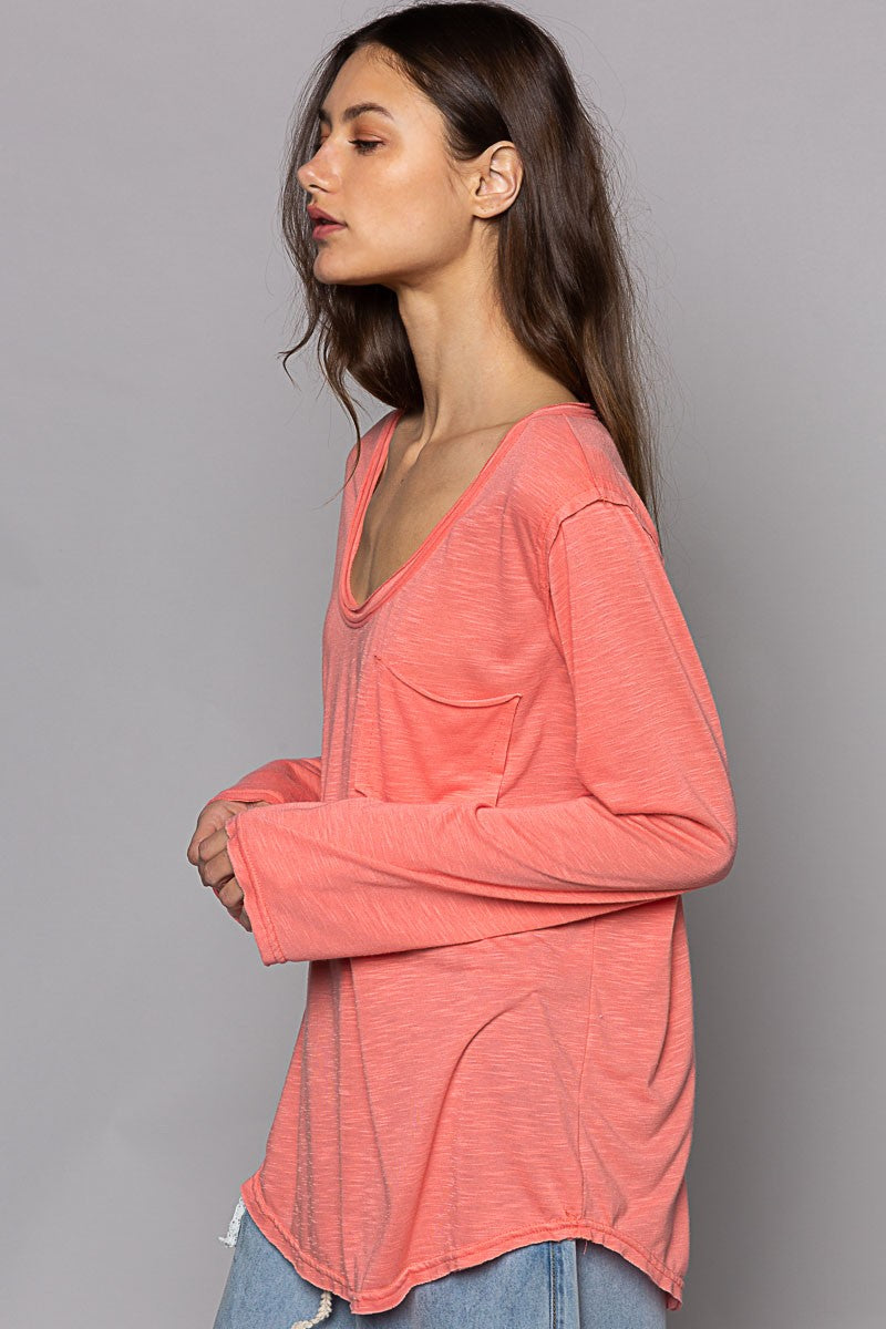 POL Pocket Front Long Sleeve Boat Neck Slub Knit Tee Top