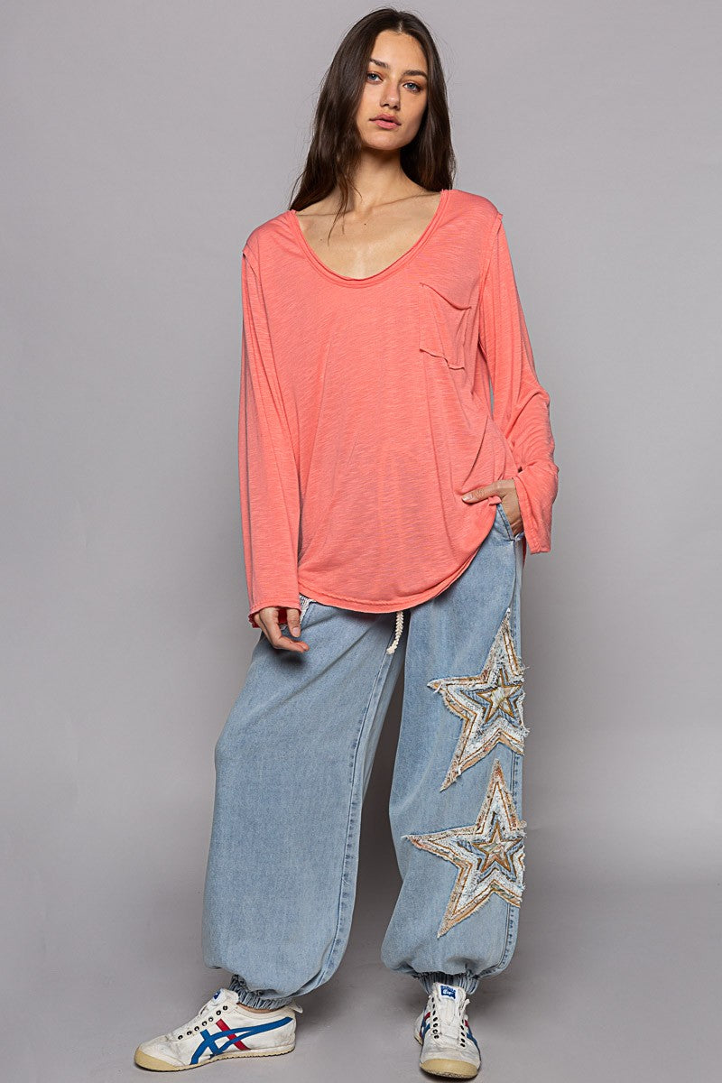 POL Pocket Front Long Sleeve Boat Neck Slub Knit Tee Top