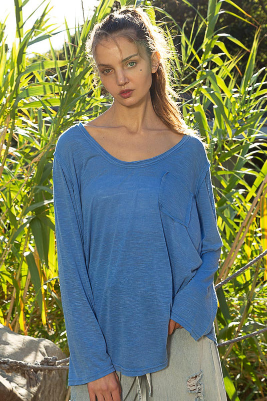 POL Pocket Front Long Sleeve Boat Neck Slub Knit Tee Top