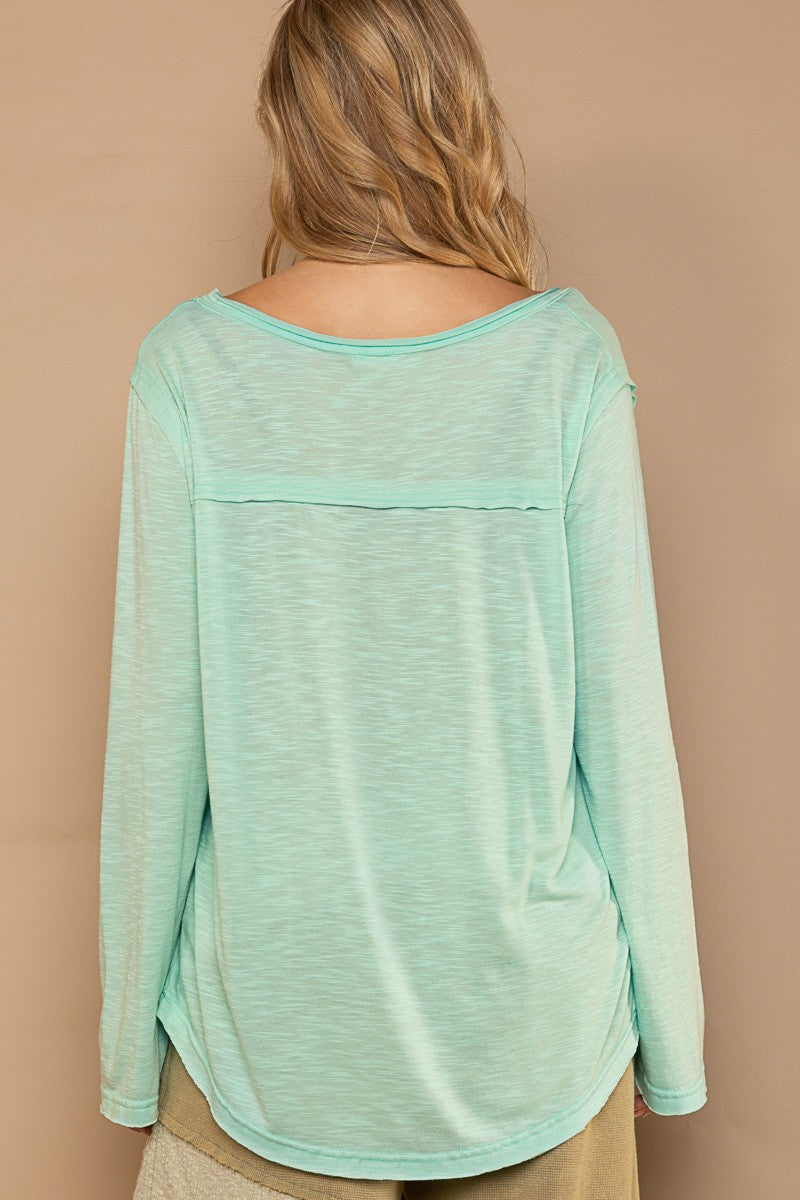 POL Pocket Front Long Sleeve Boat Neck Slub Knit Tee Top