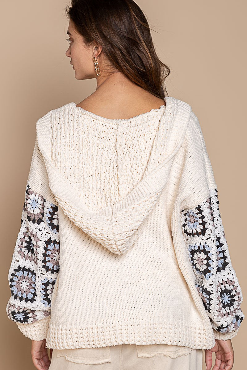 POL Open Front Square Pattern Sleeve Hooded Cardigan Top
