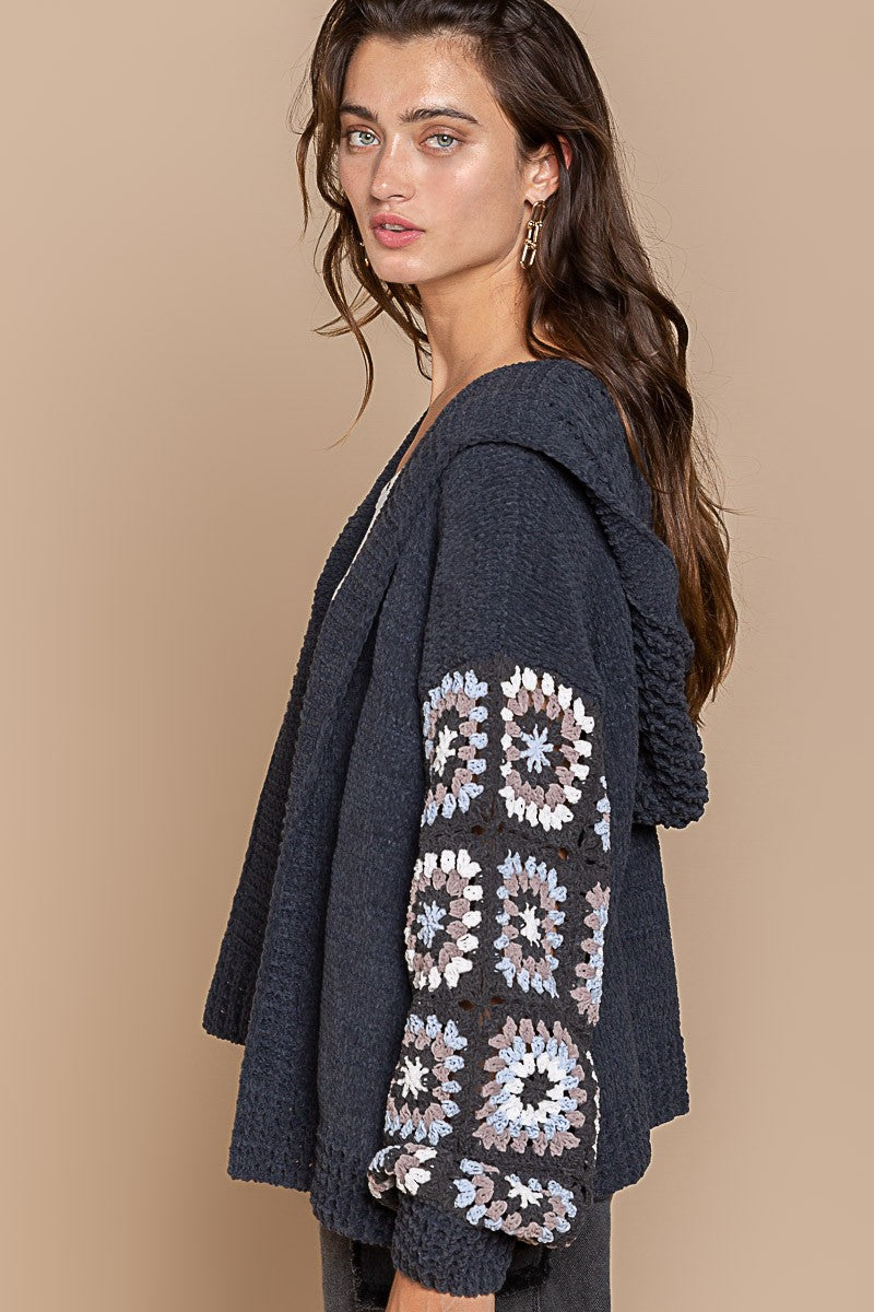 POL Open Front Square Pattern Sleeve Hooded Cardigan Top