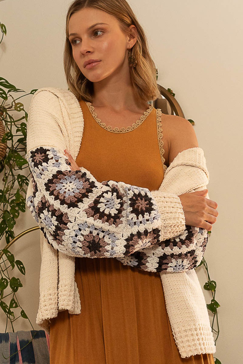 POL Open Front Square Pattern Sleeve Hooded Cardigan Top