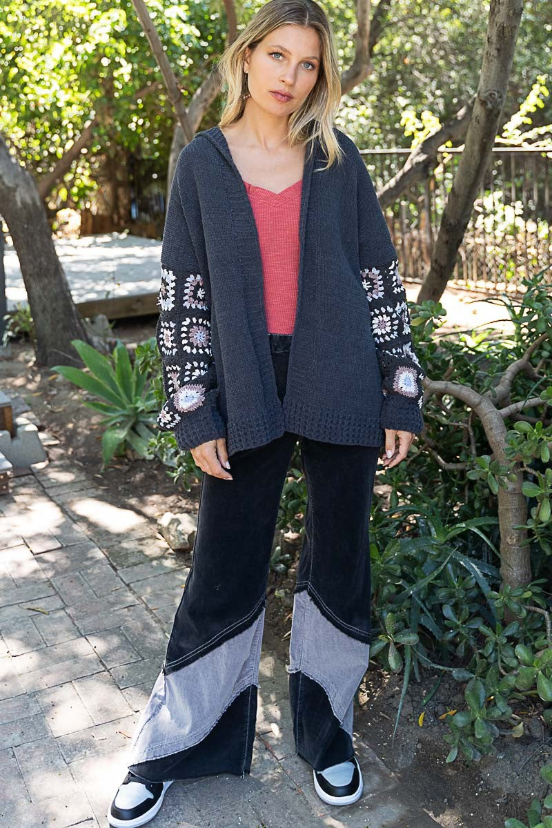 POL Open Front Square Pattern Sleeve Hooded Cardigan Top