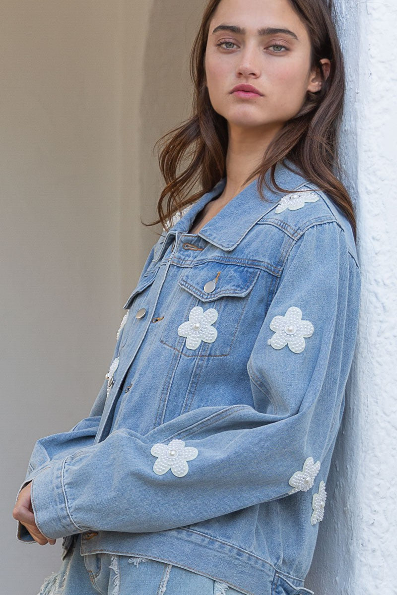 POL Pearl Flower Patch Denim oversized fit long sleeve Jacket - Roulhac Fashion Boutique
