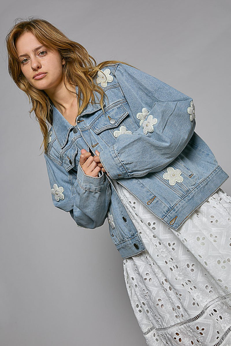 POL Pearl Flower Patch Denim oversized fit long sleeve Jacket - Roulhac Fashion Boutique