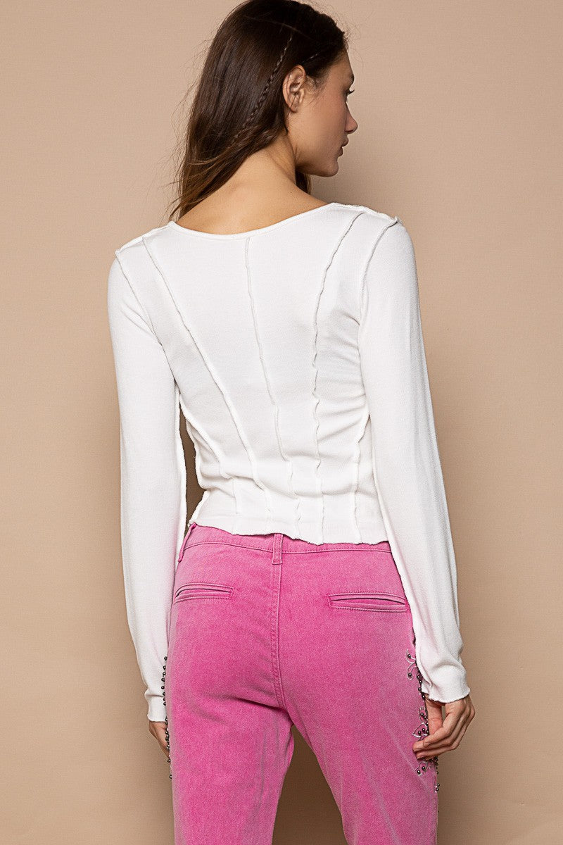 POL Lettuce edge V-neck Long Sleeve Cropped Fit Uneven Hem Knit Top