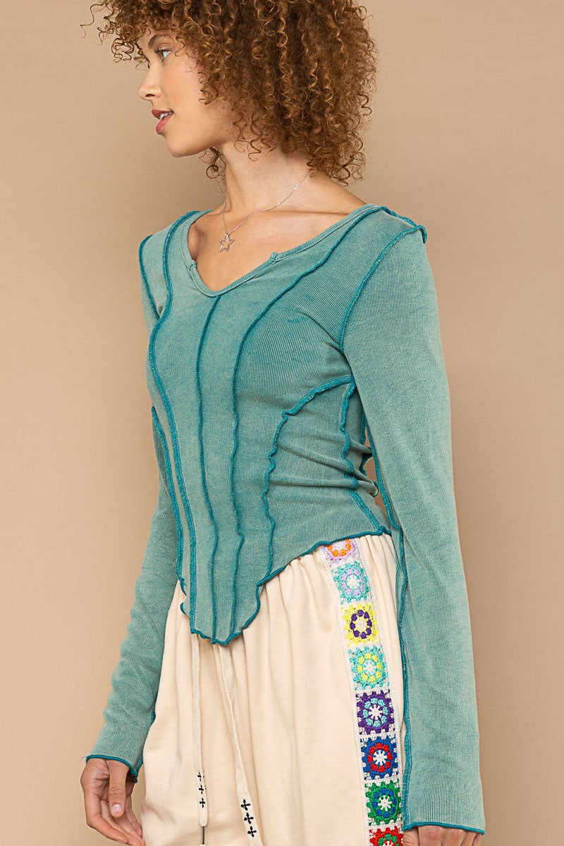 POL Lettuce edge V-neck Long Sleeve Cropped Fit Uneven Hem Knit Top - Roulhac Fashion Boutique