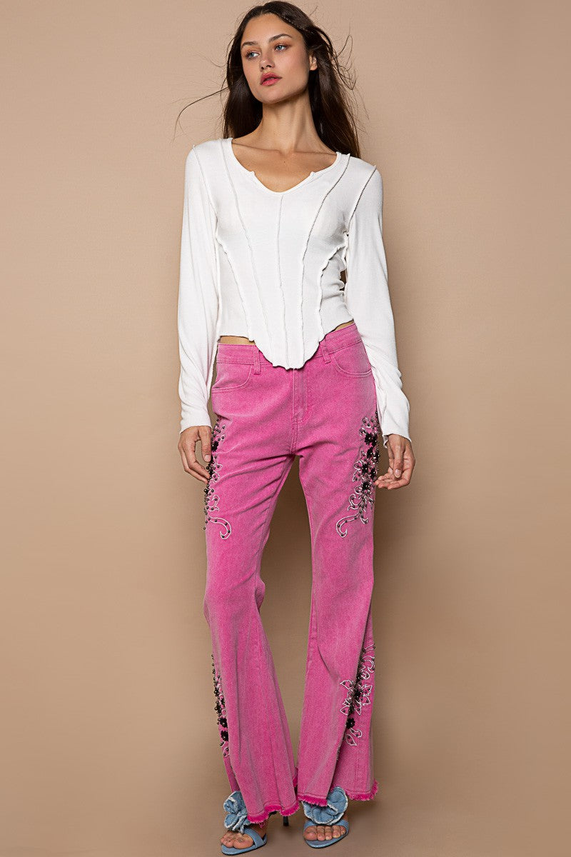 POL Lettuce edge V-neck Long Sleeve Cropped Fit Uneven Hem Knit Top