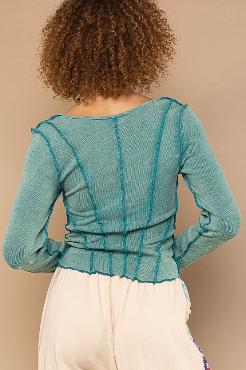 POL Lettuce edge V-neck Long Sleeve Cropped Fit Uneven Hem Knit Top - Roulhac Fashion Boutique