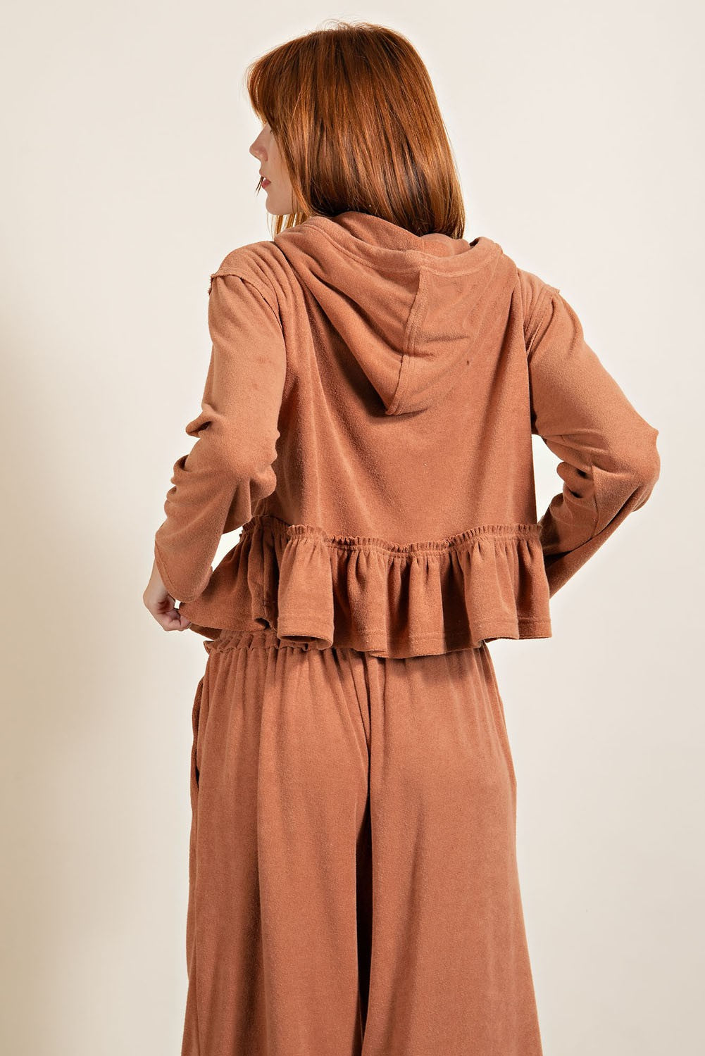 Easel Camel Towel Knit Cropped Length Ruffled Bottom Relax Pullover Hoodie - Roulhac Fashion Boutique