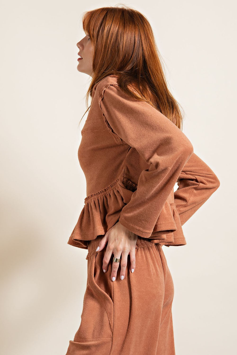 Easel Camel Towel Knit Cropped Length Ruffled Bottom Relax Pullover Hoodie - Roulhac Fashion Boutique