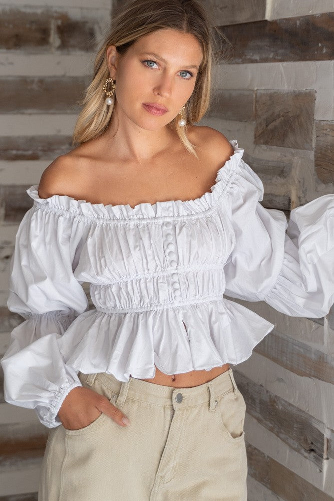 POL Off-shoulder Crop Length Long Sleeve Poplin Ruffled Top - Roulhac Fashion Boutique