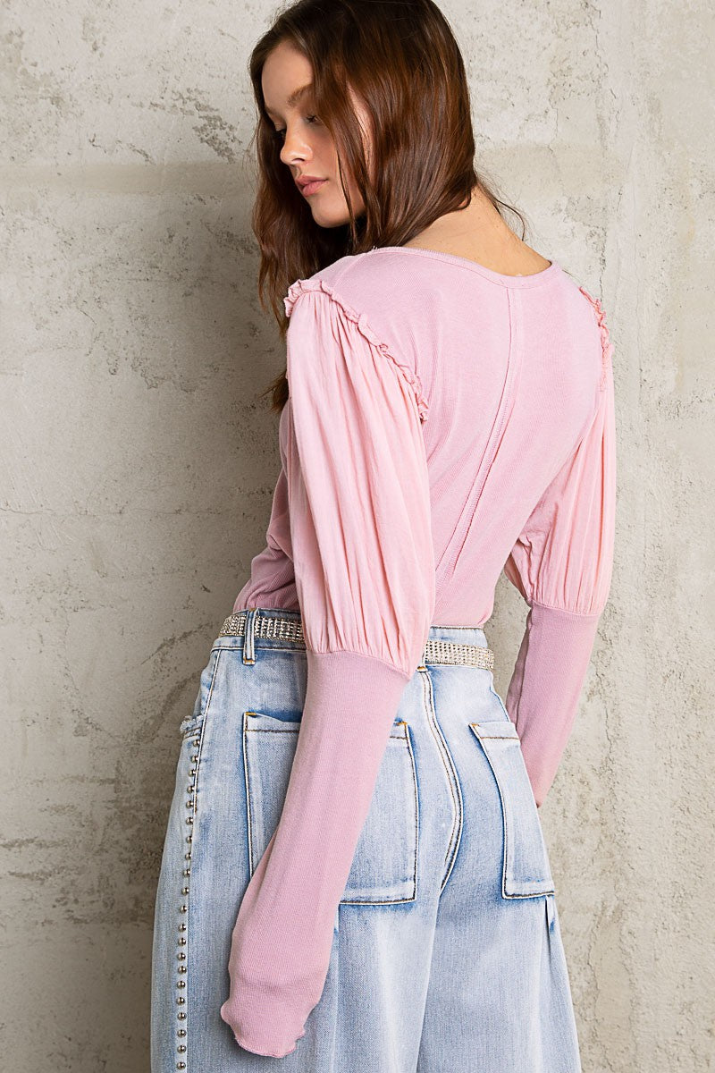POL Puff Long Sleeve V Neck Ruffle Stretch Top