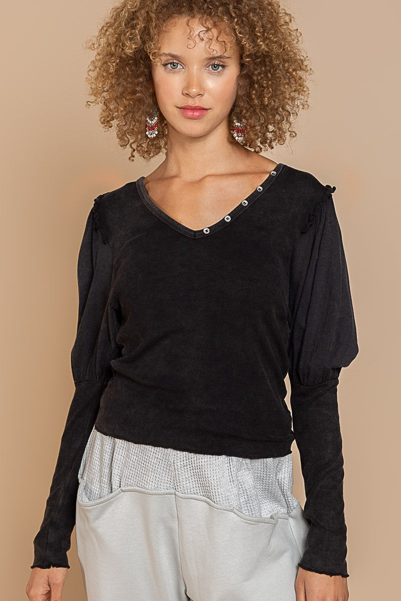 POL Puff Long Sleeve V Neck Ruffle Stretch Top