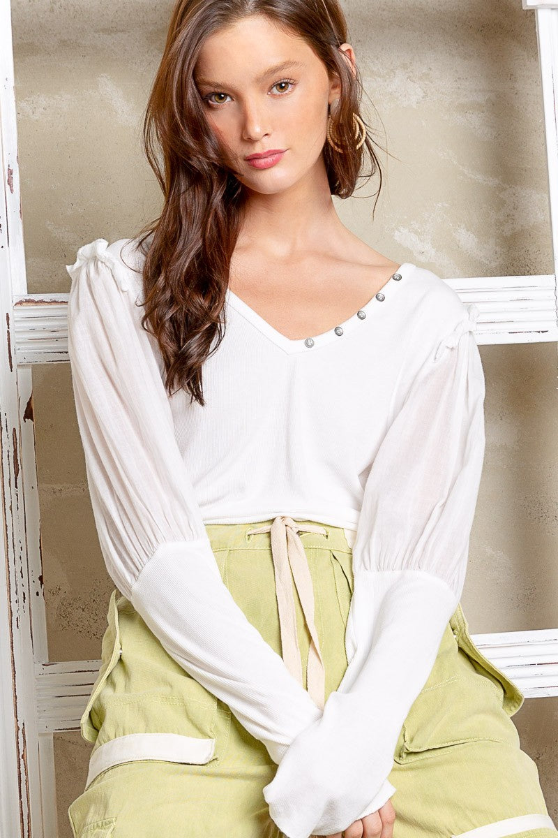 POL Puff Long Sleeve V Neck Ruffle Stretch Top