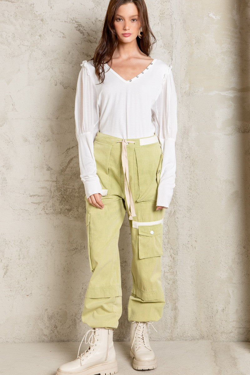 POL Puff Long Sleeve V Neck Ruffle Stretch Top