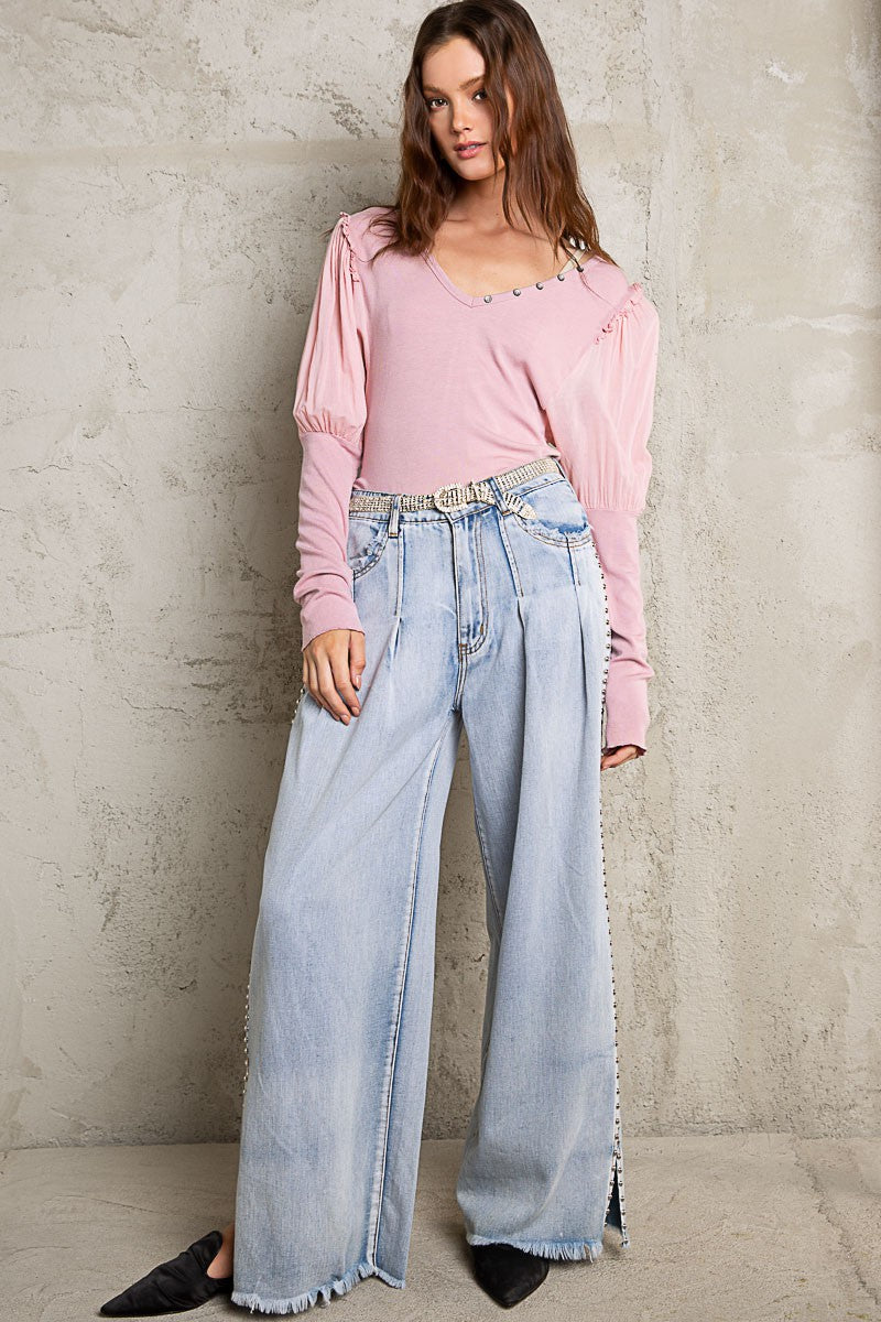 POL Puff Long Sleeve V Neck Ruffle Stretch Top