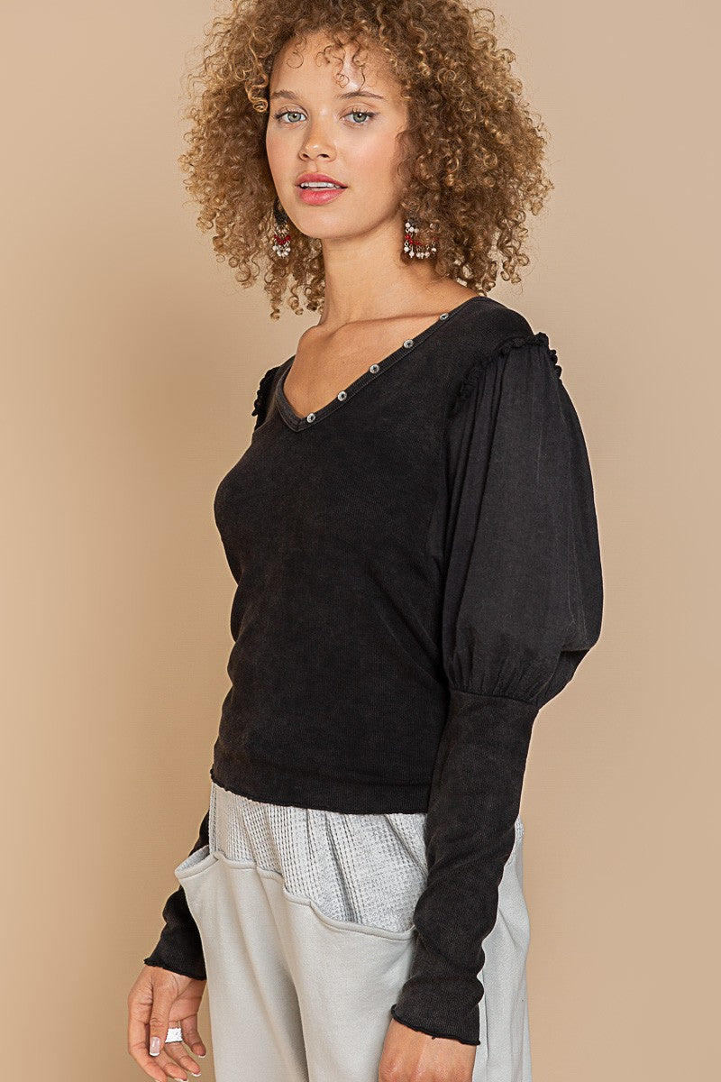 POL Puff Long Sleeve V Neck Ruffle Stretch Top