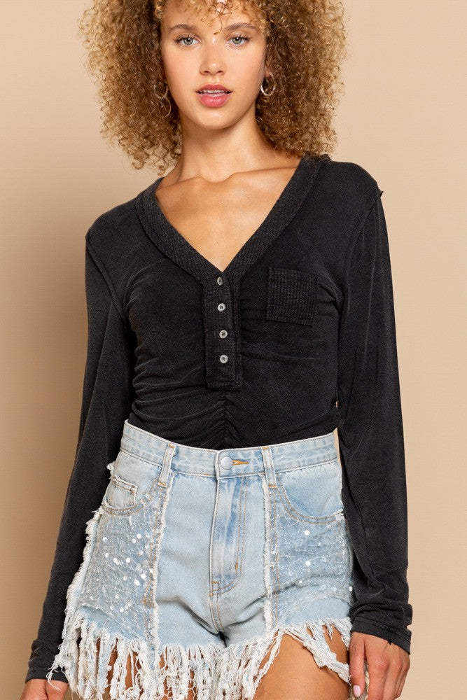 POL Shirring detailed Long Sleeve V-neckline Knit Top