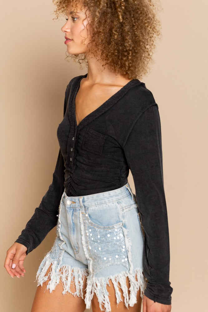 POL Shirring detailed Long Sleeve V-neckline Knit Top