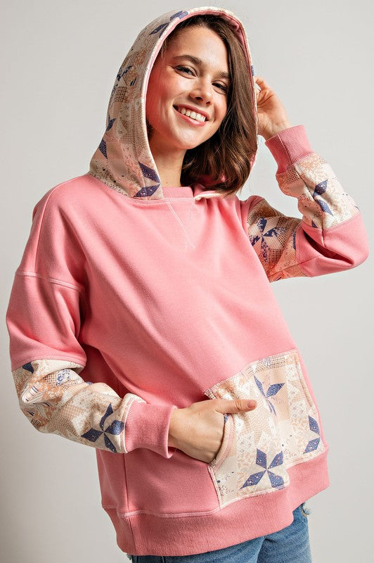 Easel Coral Pink French Terry Patchwork Detail Banded Edges Pullover Hoodie - Roulhac Fashion Boutique