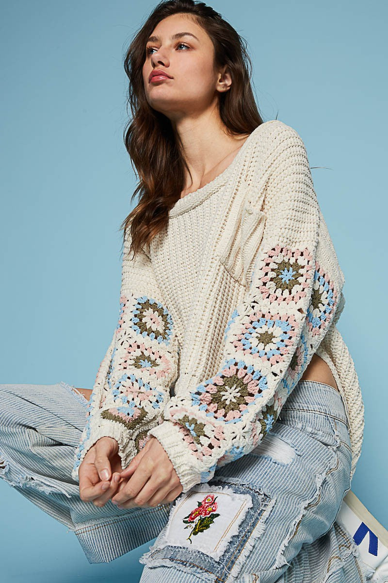 POL Hand Knit Square Patch Sleeve Chenille Sweater Top