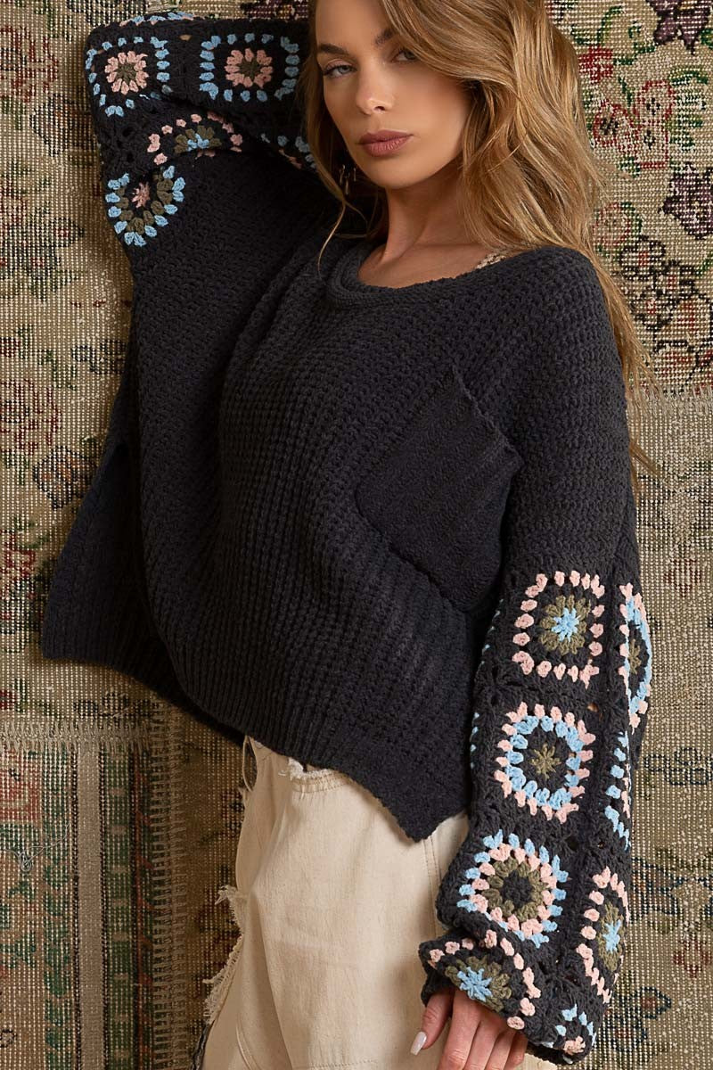 POL Hand Knit Square Patch Sleeve Chenille Sweater Top