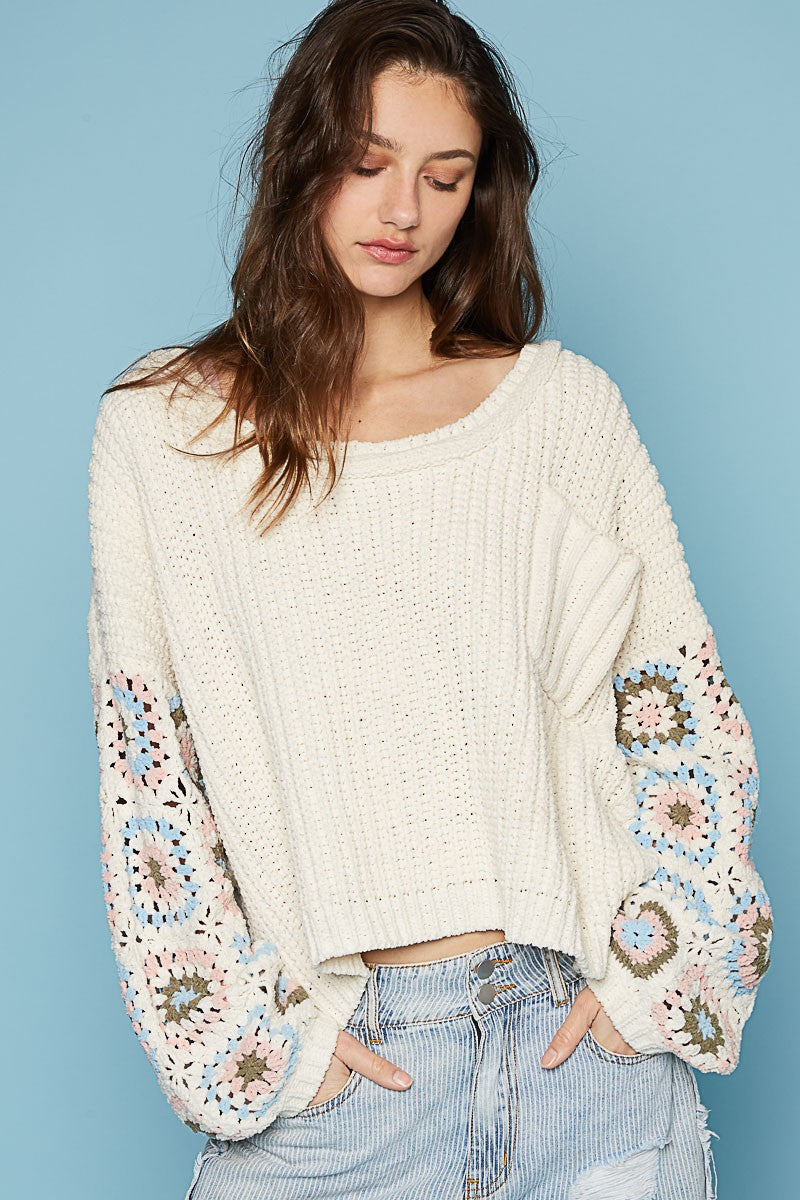 POL Hand Knit Square Patch Sleeve Chenille Sweater Top