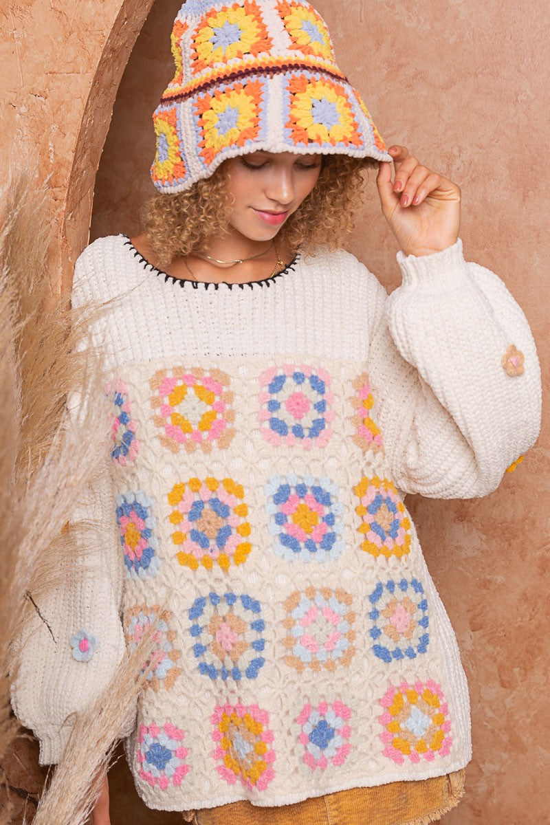 POL Hand Knit Squares Color Block Round Neck Sweater Top