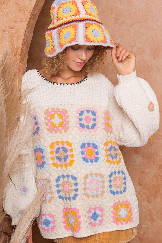 POL Hand Knit Squares Color Block Round Neck Sweater Top