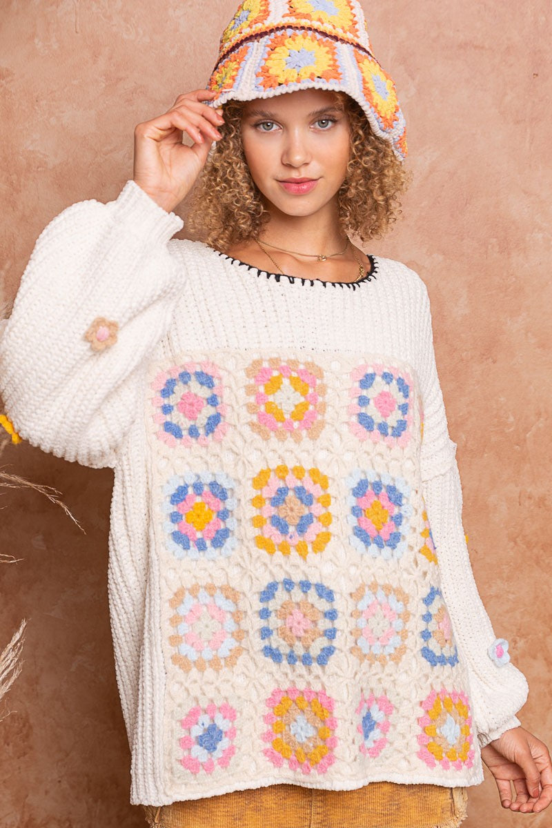 POL Hand Knit Squares Color Block Round Neck Sweater Top