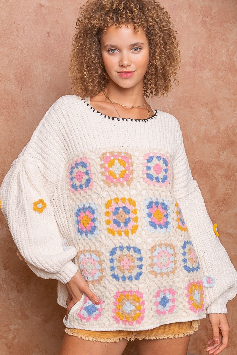 POL Hand Knit Squares Color Block Round Neck Sweater Top