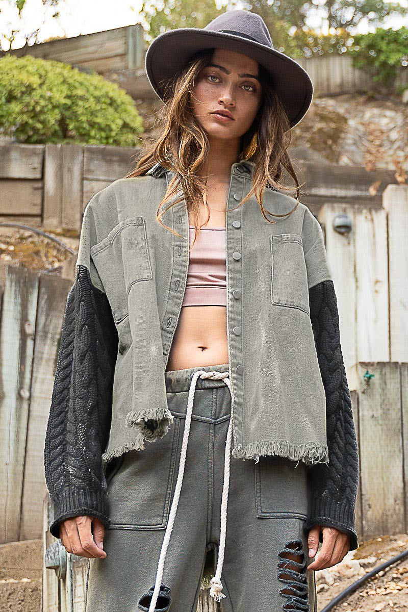 POL Contrast Sweater Sleeve Button Down Shacket