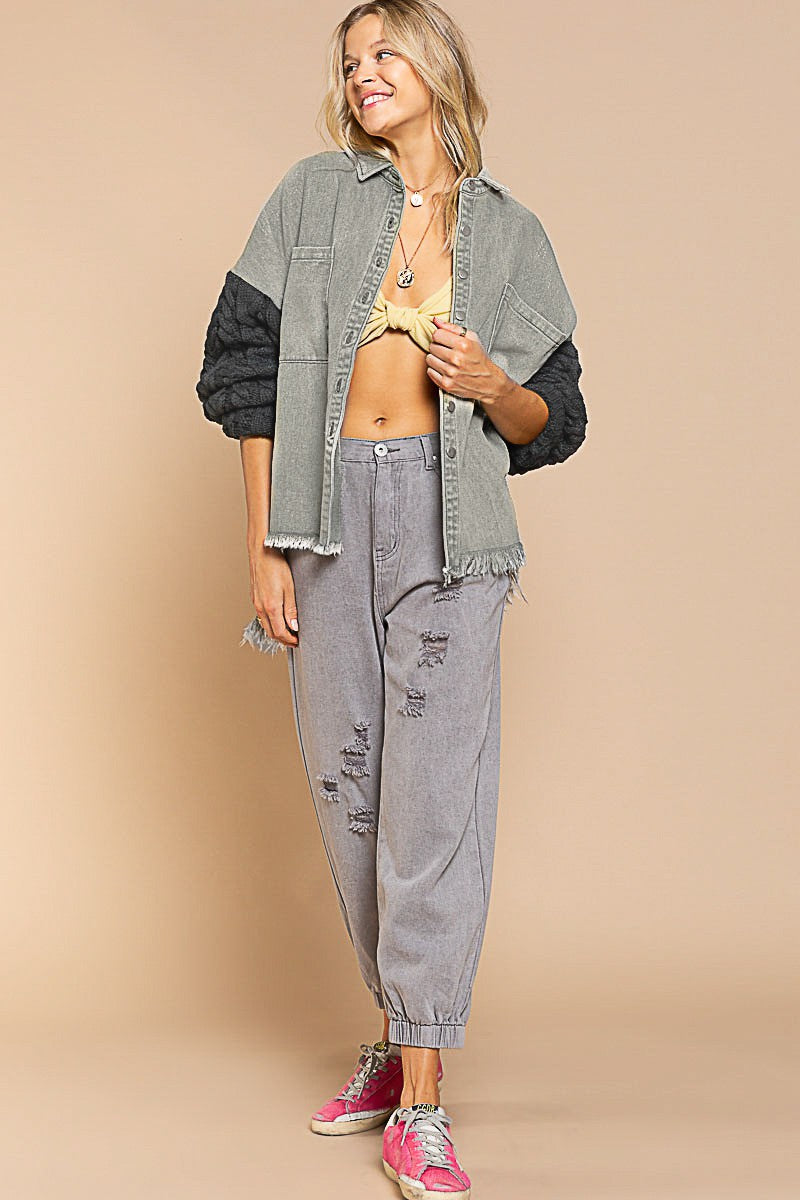 POL Contrast Sweater Sleeve Button Down Shacket