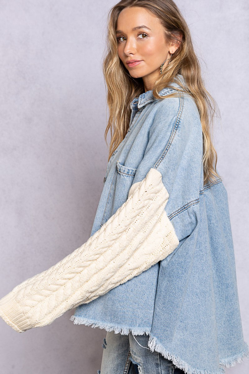 POL Contrast Sweater Sleeve Button Down Shacket - Roulhac Fashion Boutique