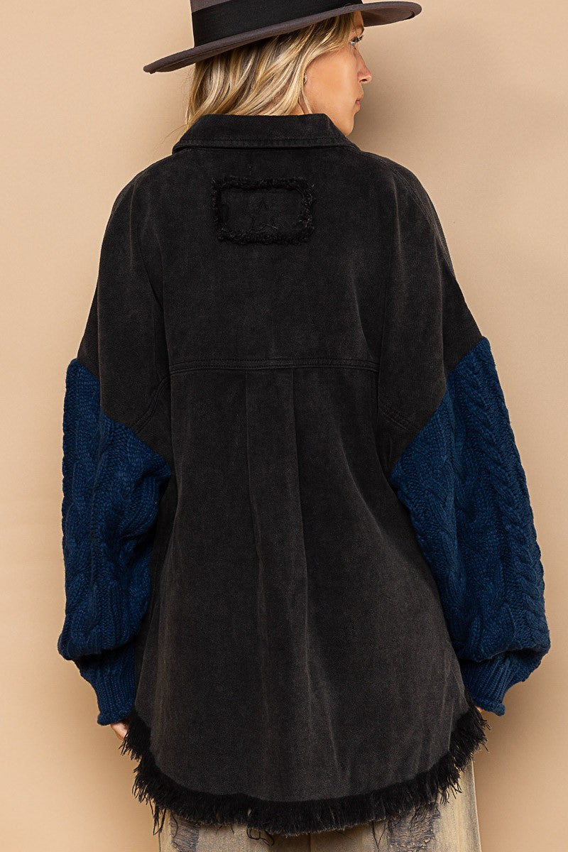 POL Contrast Sweater Sleeve Button Down Shacket - Roulhac Fashion Boutique