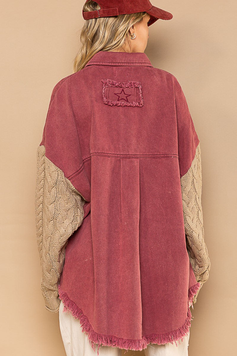 POL Contrast Sweater Sleeve Button Down Shacket