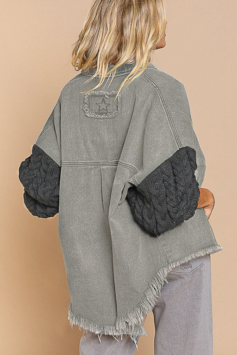 POL Contrast Sweater Sleeve Button Down Shacket