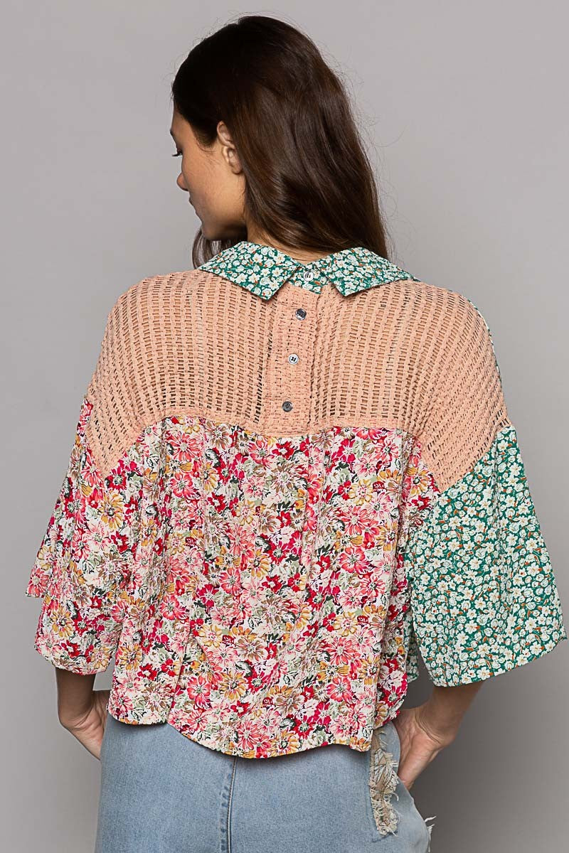 POL Short Sleeve Woven Print Crochet Mixed Shirt Top