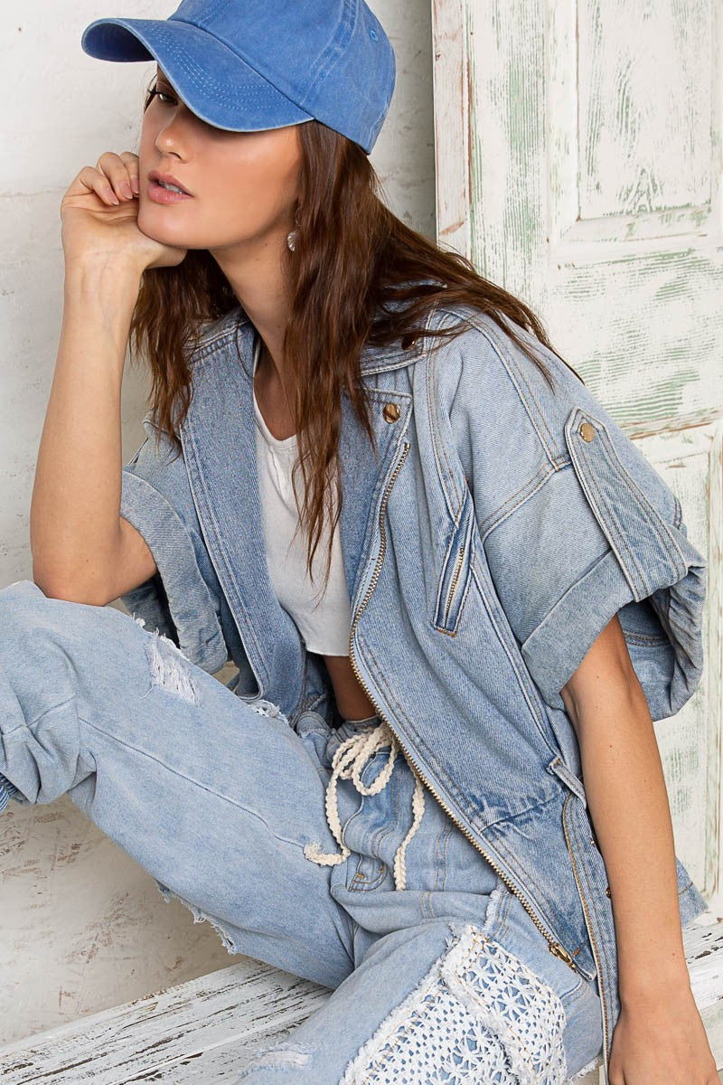 POL Asymmetrical Zipper Dropped Shoulders Waist Belt Denim Jacket - Roulhac Fashion Boutique