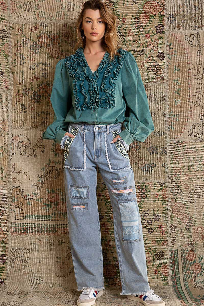 POL Denim Straight Fit Embroidered Patch Detail Back Pocket Twill Pants - Roulhac Fashion Boutique