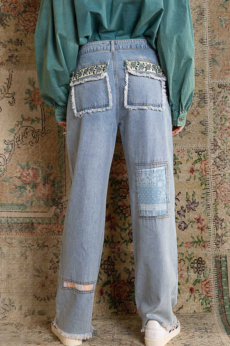 POL Denim Straight Fit Embroidered Patch Detail Back Pocket Twill Pants - Roulhac Fashion Boutique