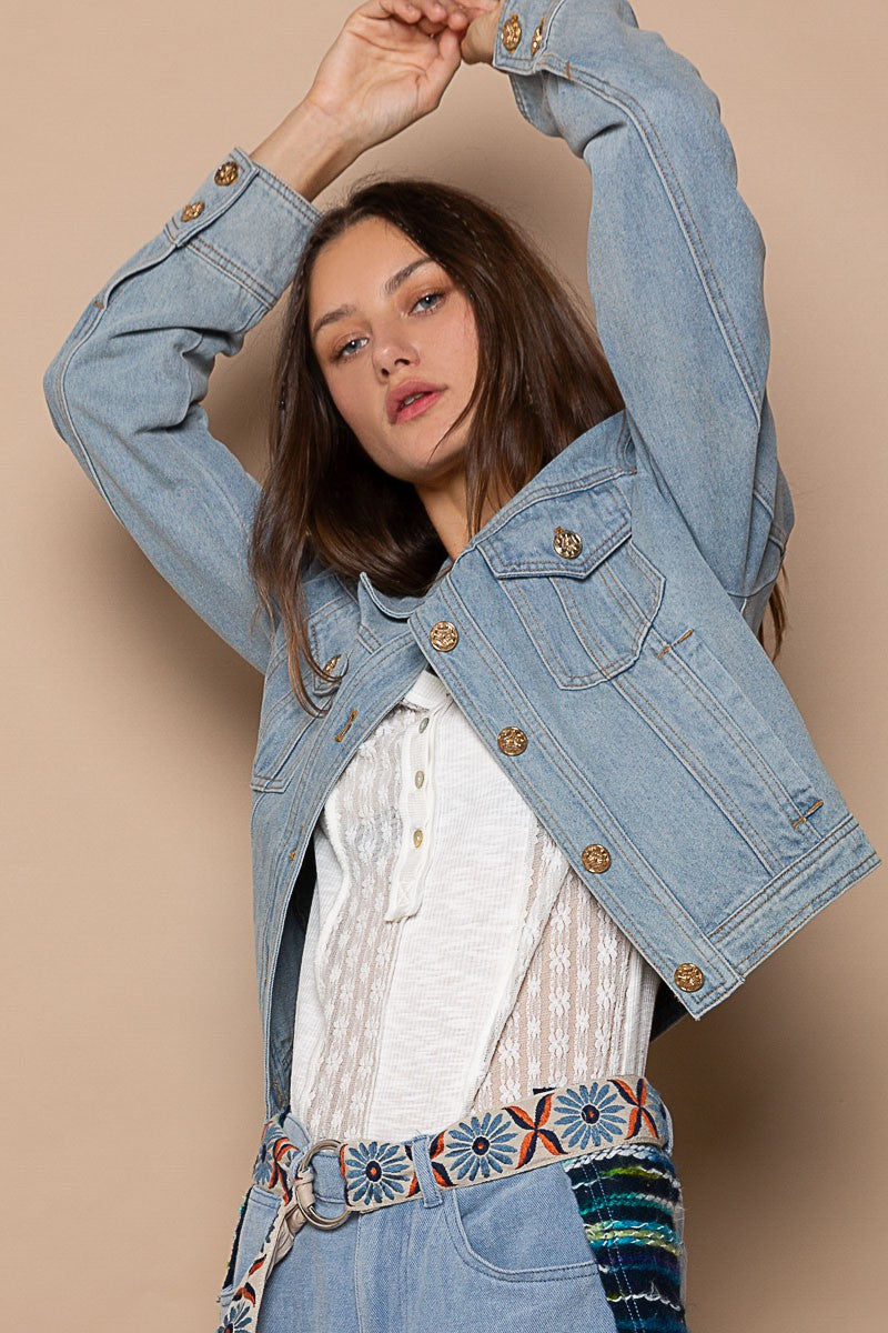 POL Shoulder Strap Metal Buttons Oversized Fit Denim Jacket