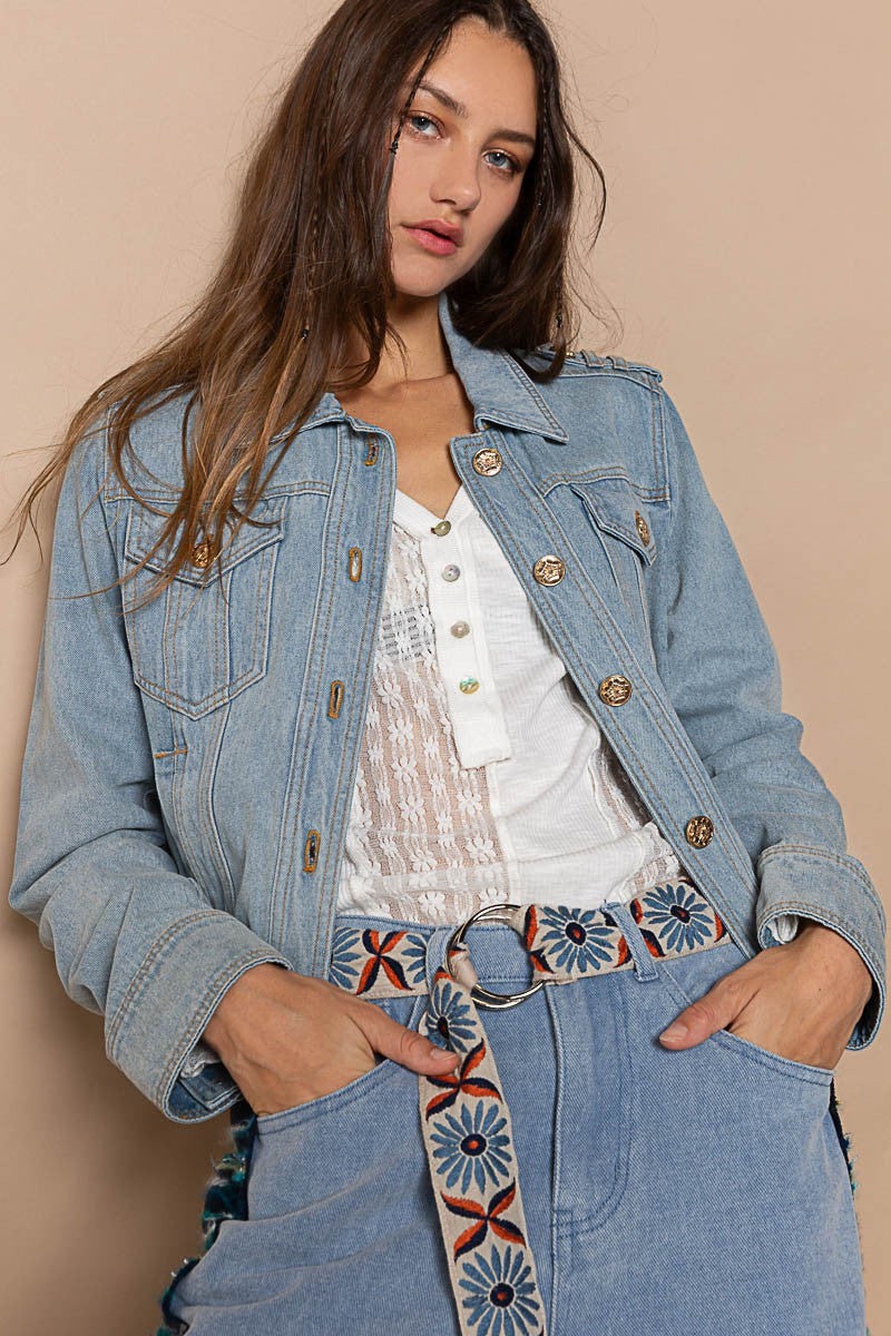 POL Shoulder Strap Metal Buttons Oversized Fit Denim Jacket